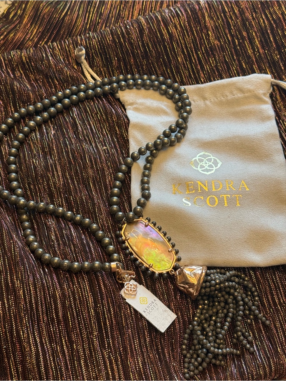 Kendra Scott Iridescent Pendant Necklace with Gold Accents and Pyrite Beads